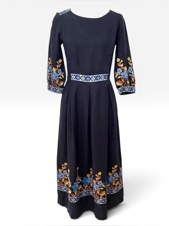 Gallery Dresses & Skirts - Linen Gallery Navy Blue Embroidered Midi Prairie Dress